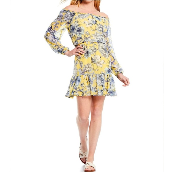 Tommy Hilfiger Size XL Dress Yellow Blue Floral Chiffon Off-the-Shoulder Vacay - Picture 1 of 9